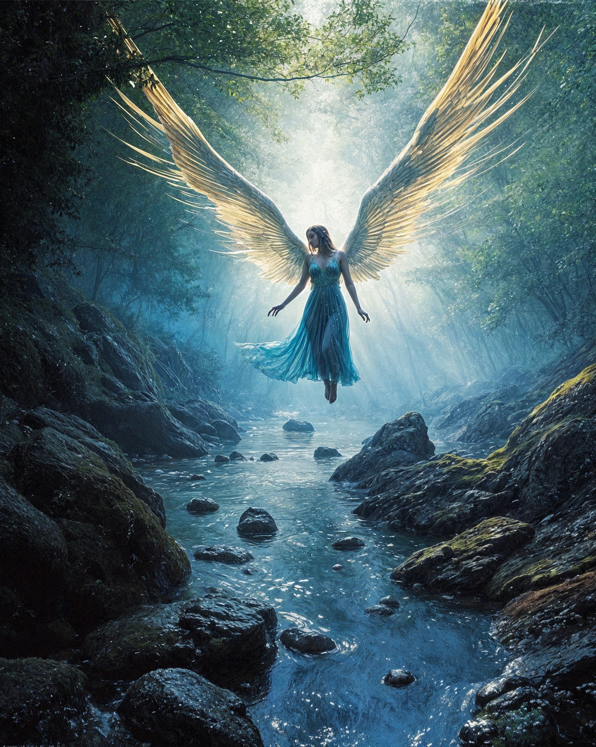 Mystical Figure with Golden Wings Above Serene Stream
