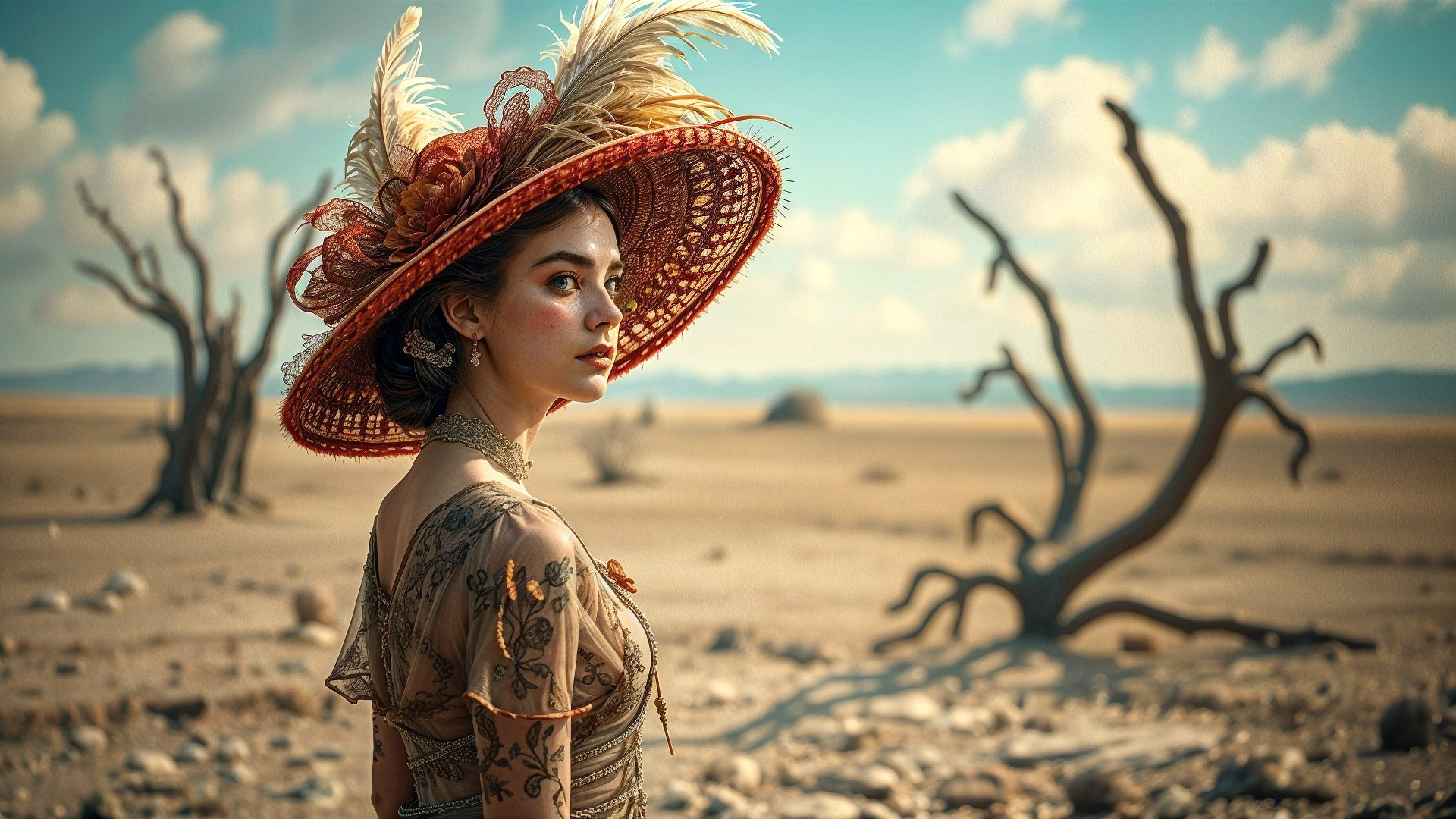 Young Woman in Ornate Dress in Barren Landscape