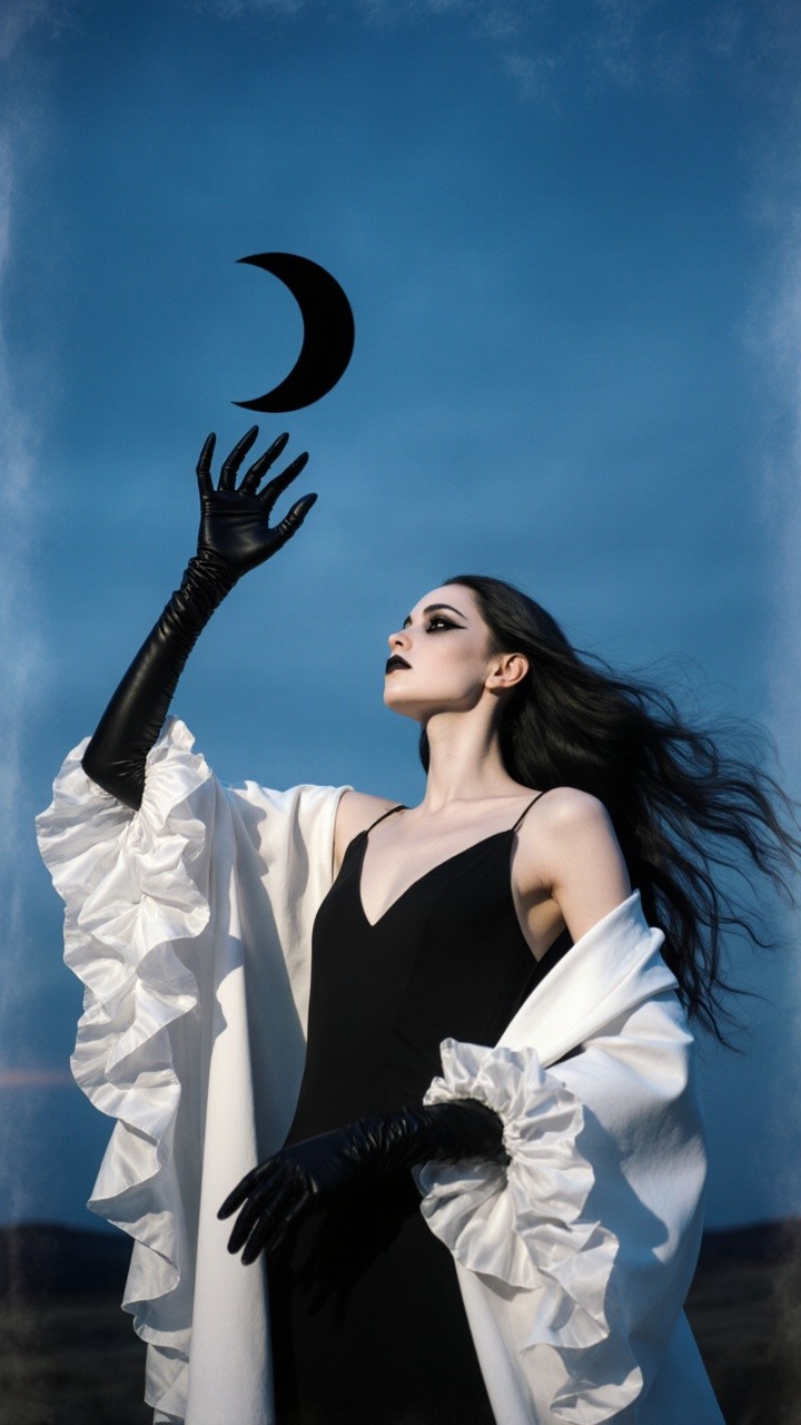 Elegant Figure in Black Dress Against Blue Sky