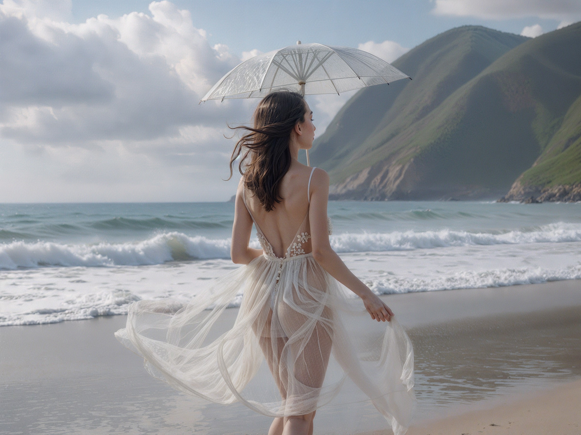 Woman in Sheer Dress on Sandy Beach with Umbrella