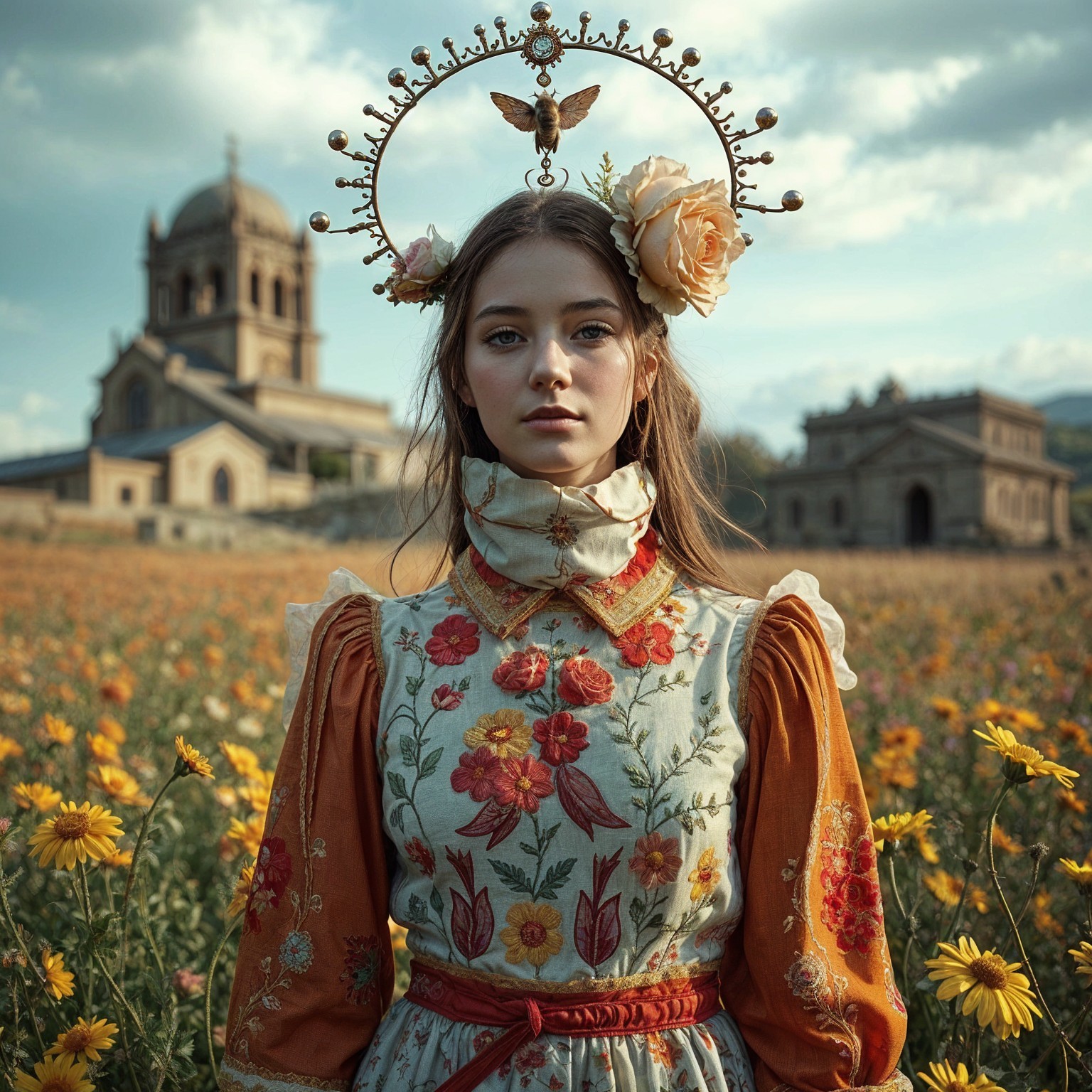 Young Woman in Floral Dress Amidst Historic Buildings