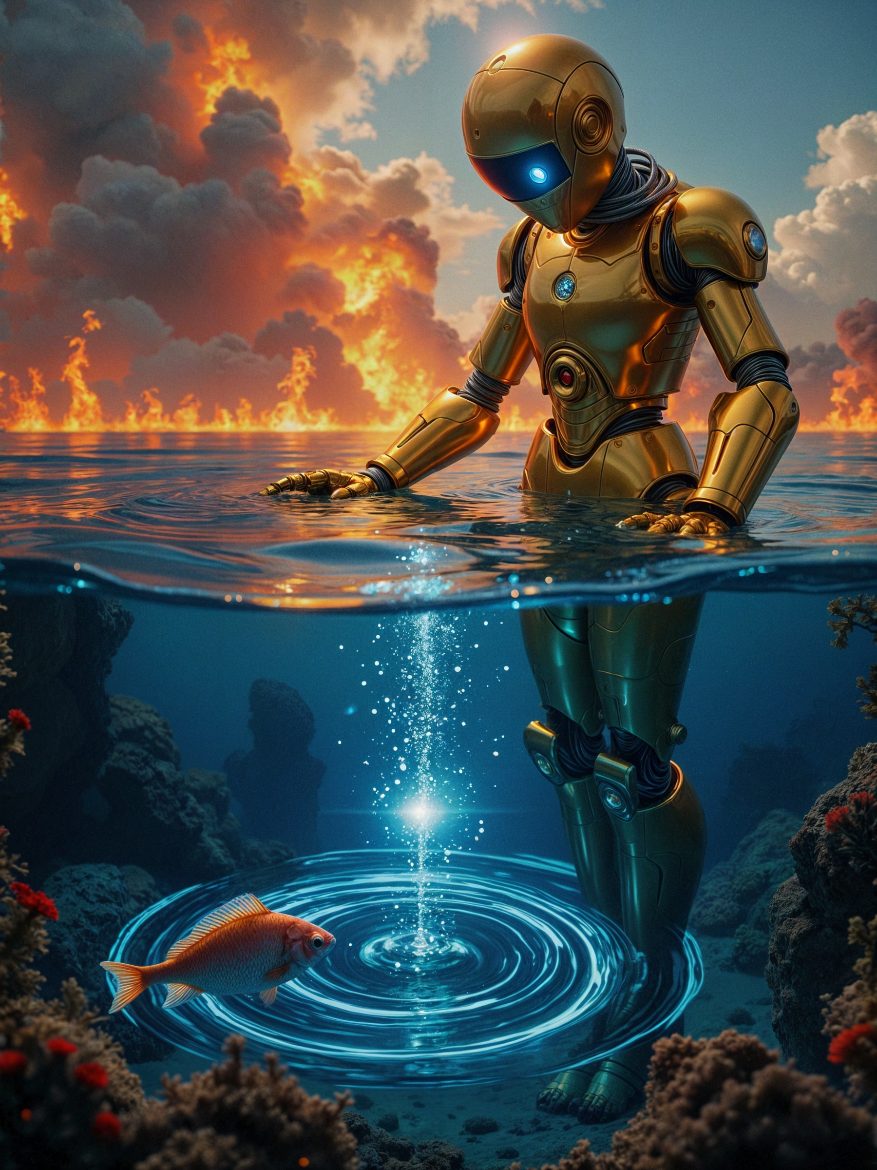 Golden Robot in Water Under Dramatic Sky