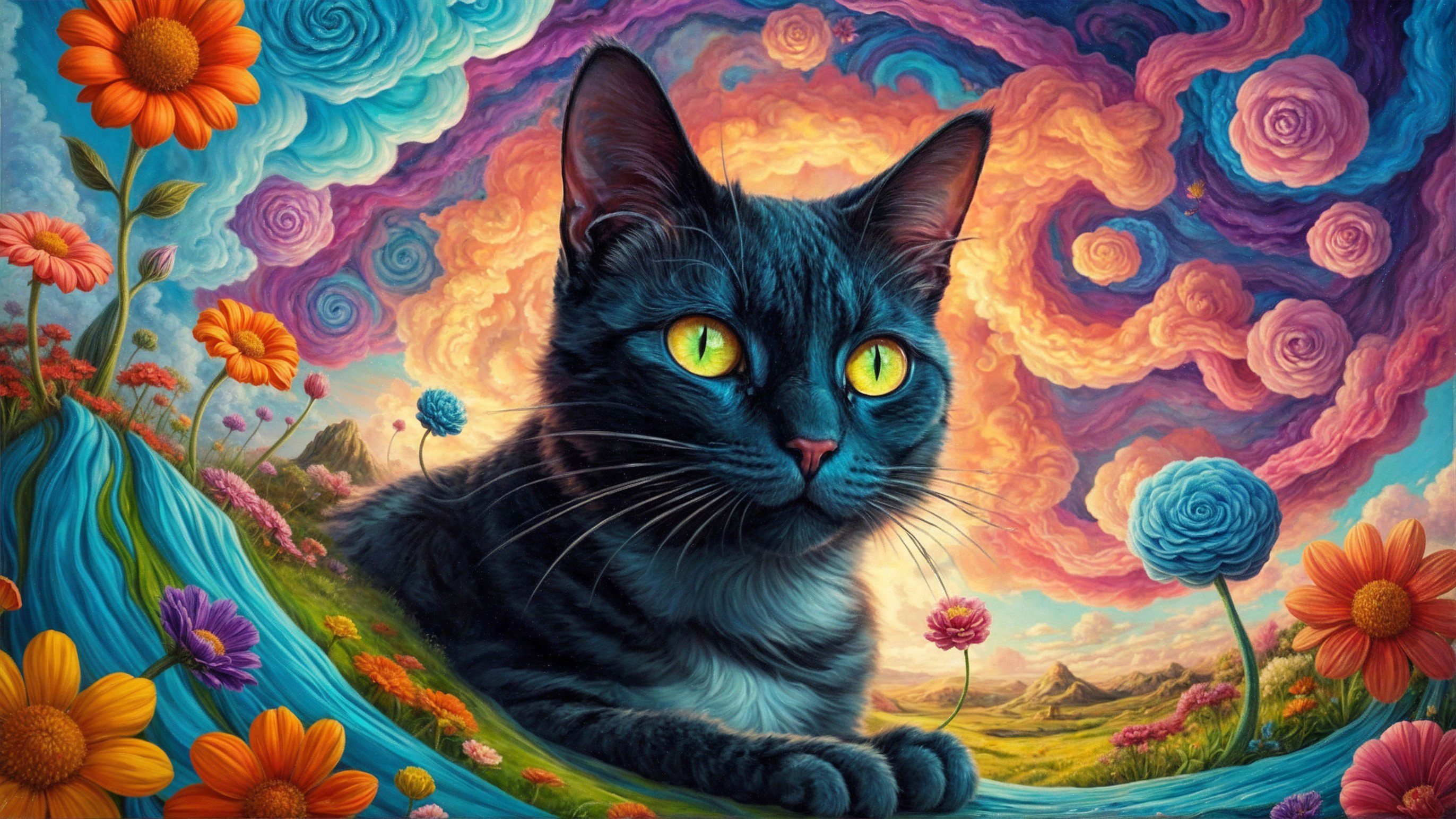 Black Cat in a Surreal Landscape with Vibrant Flowers