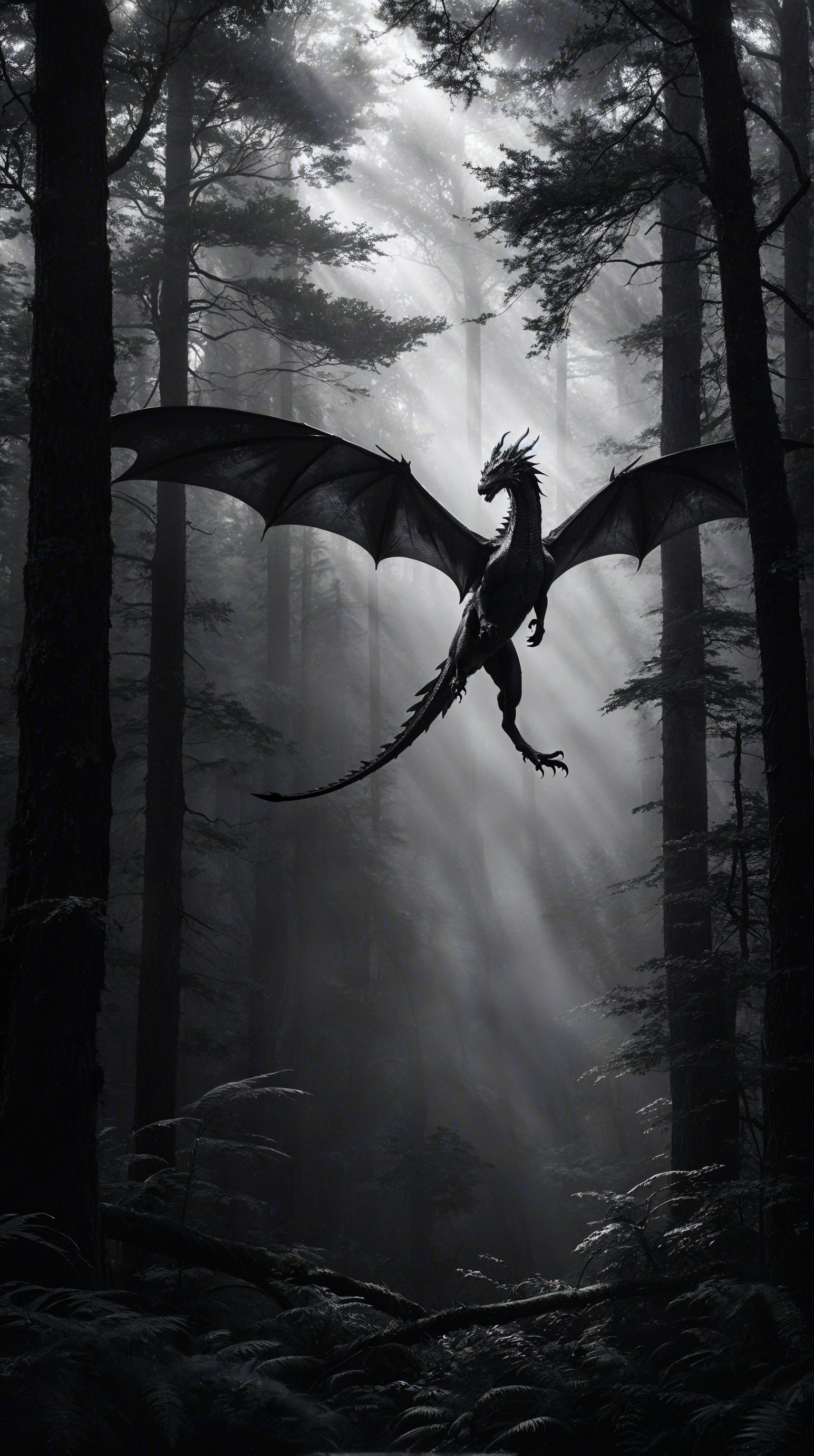 Black Dragon Flying in a Misty Enchanted Forest