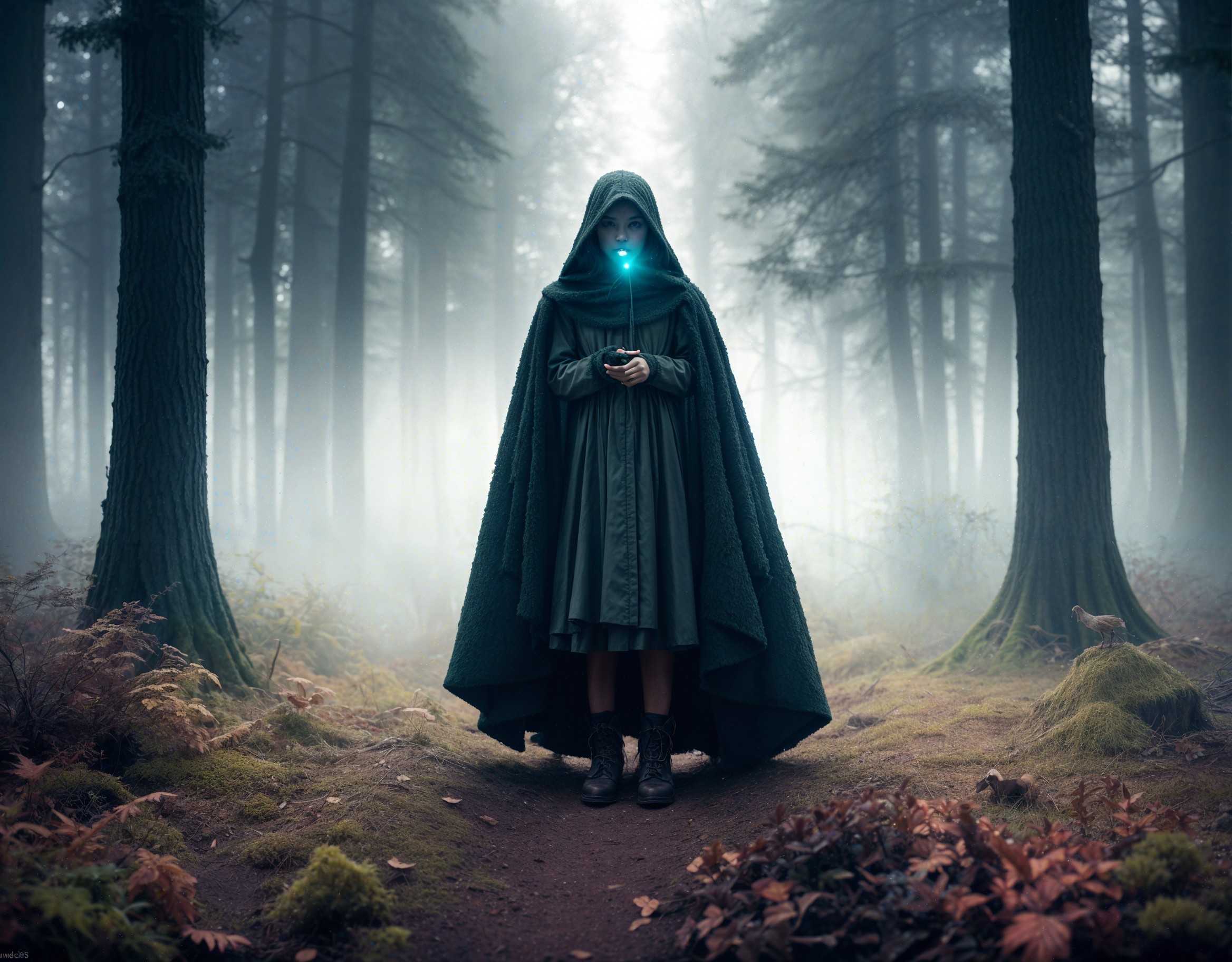Misty Forest Scene with Cloaked Figure and Blue Light