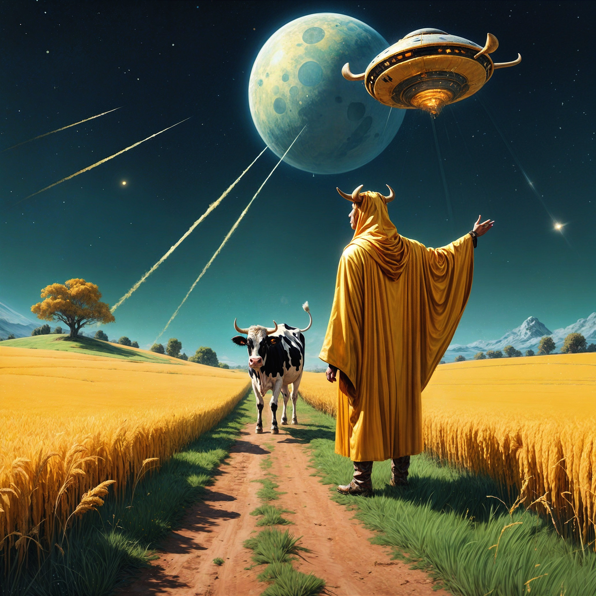 Serene landscape with golden field and starlit sky