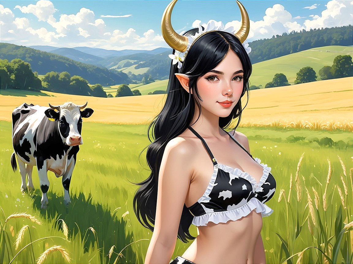 Young woman in cow-pattern bikini in sunny field