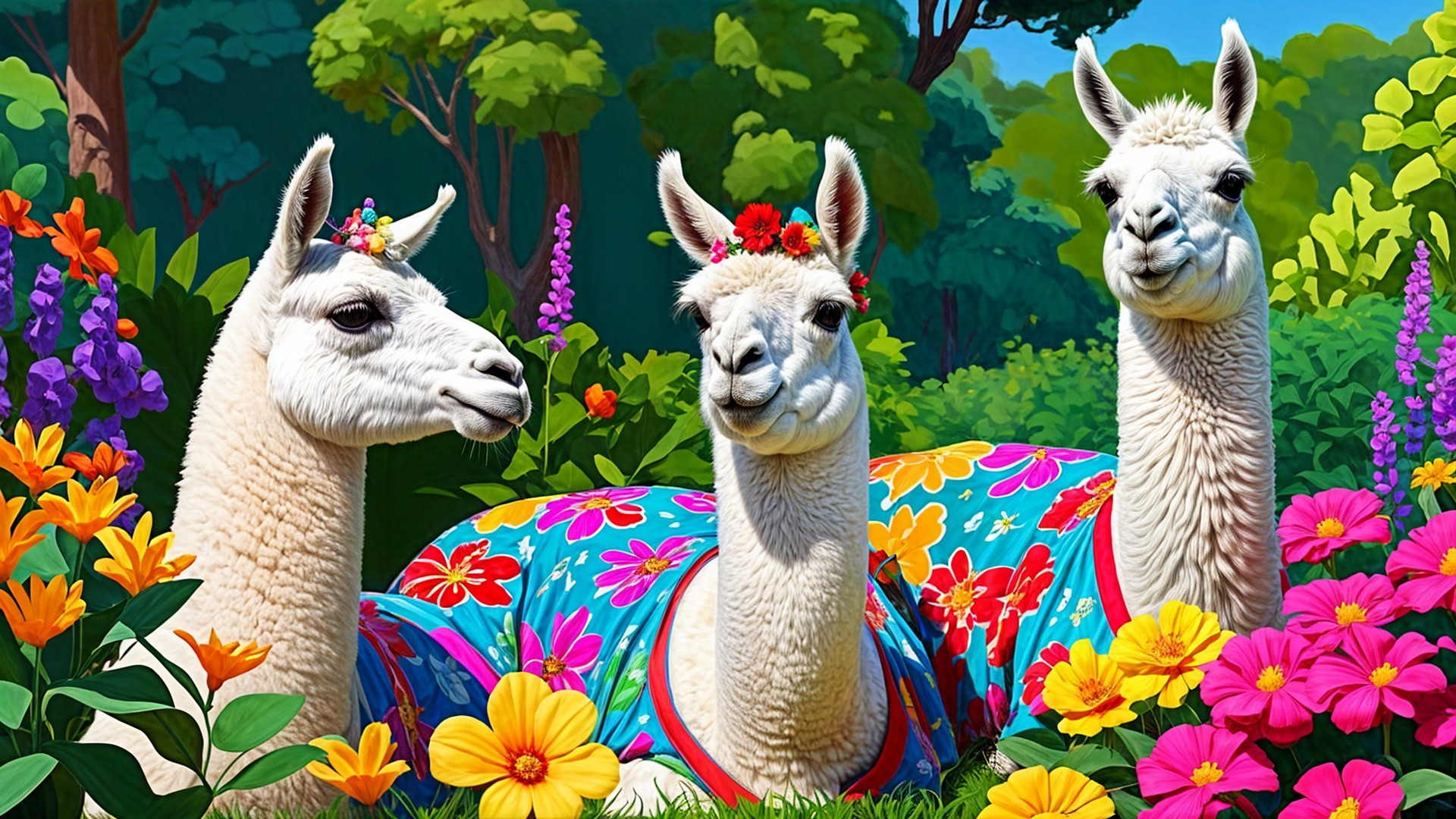 Llamas in Floral Headbands in a Colorful Garden Scene