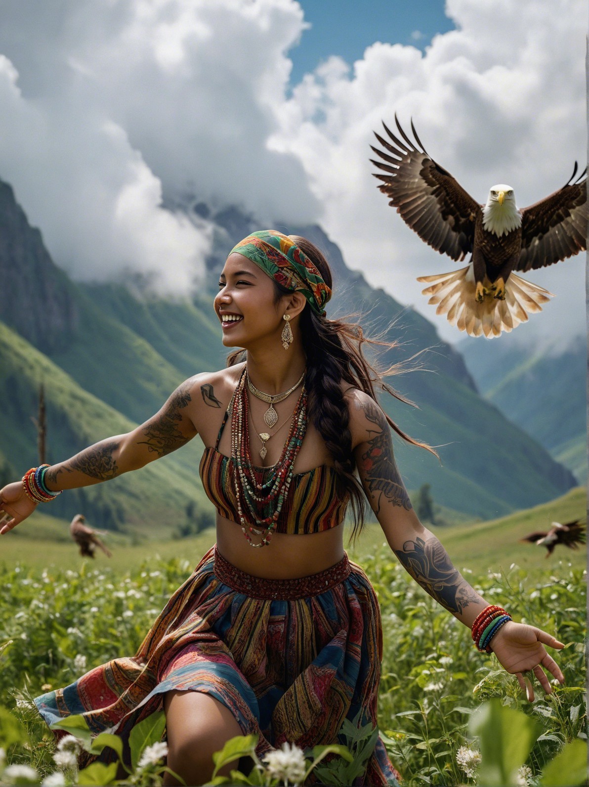 Joyful Woman in Traditional Outfit Amidst Nature