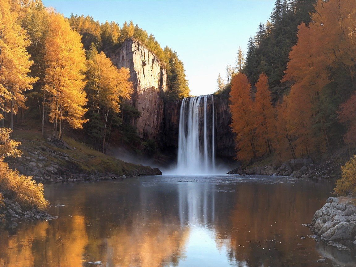 Waterfall Surrounded by Autumn Foliage and Evergreens