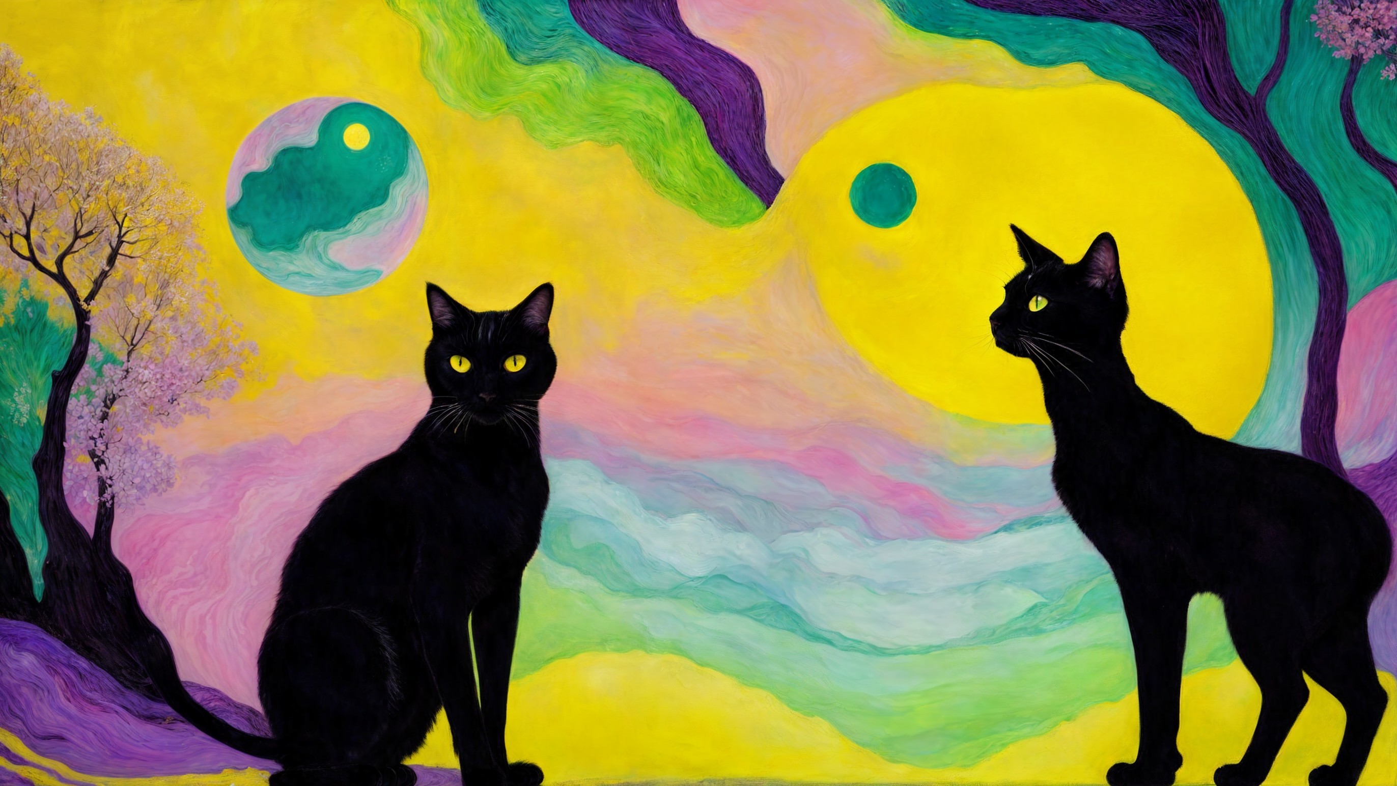 Black Cats Silhouetted in Abstract Pastel Landscape