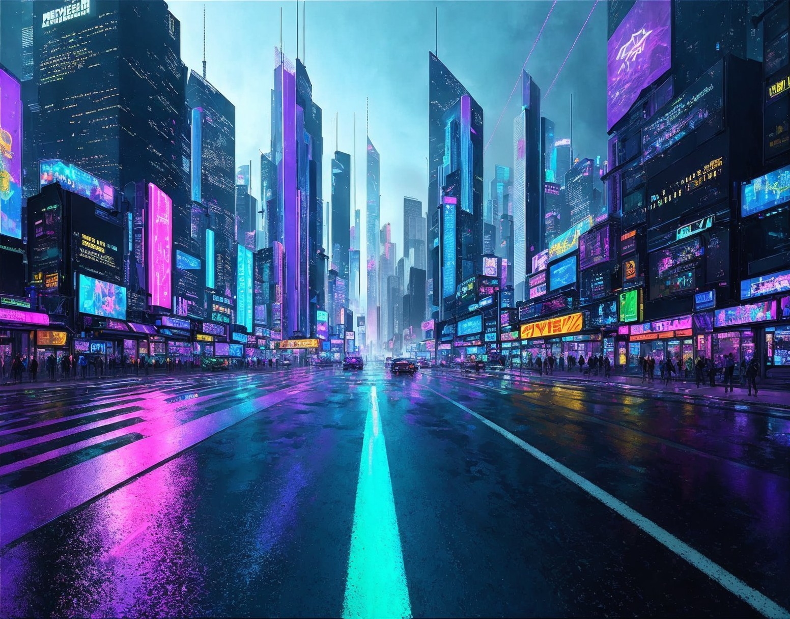 Futuristic Cityscape with Neon Lights and Skyscrapers