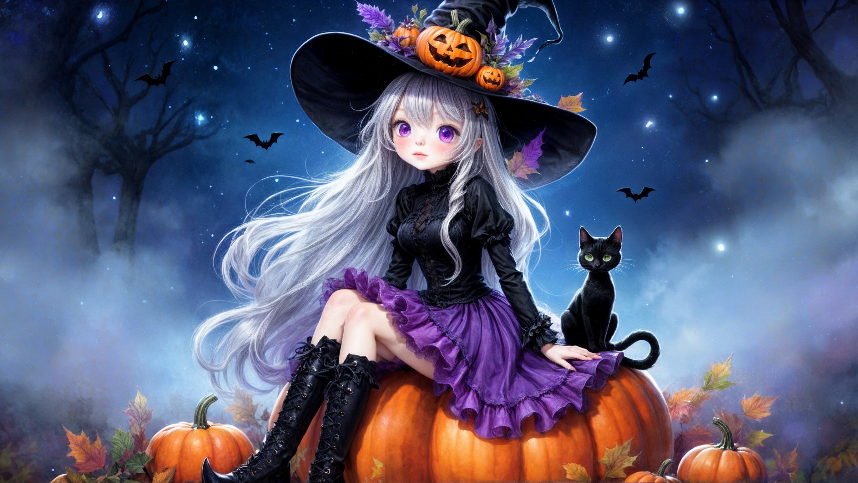 Whimsical Witch on Pumpkin Under Starry Night Sky