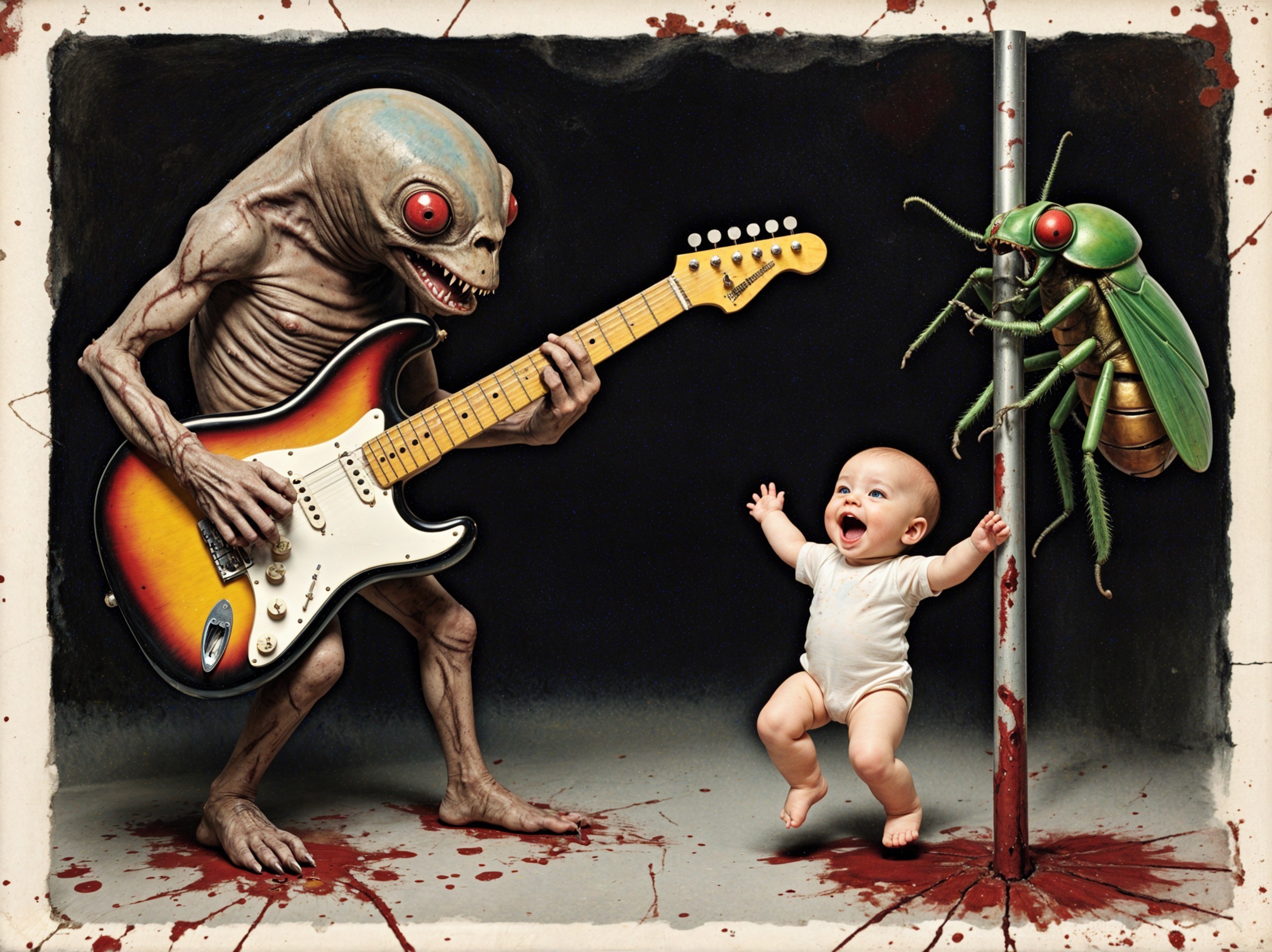 Surreal Scene with Creature Playing Guitar and Baby