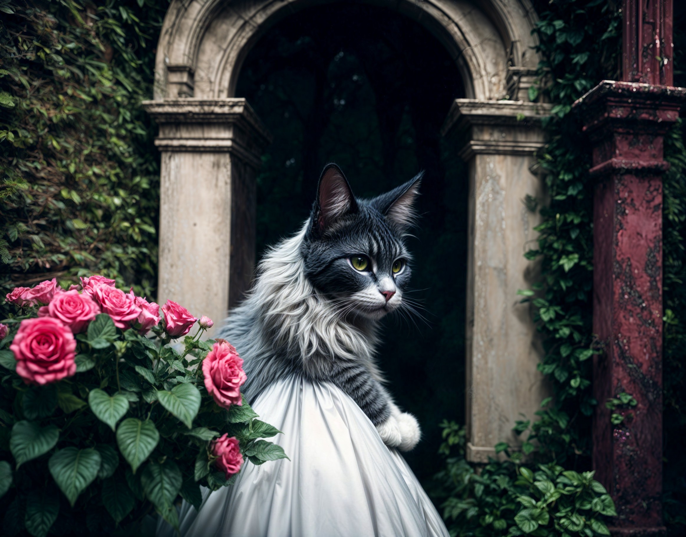 Regal Cat in Elegant Dress by Pink Roses and Archway