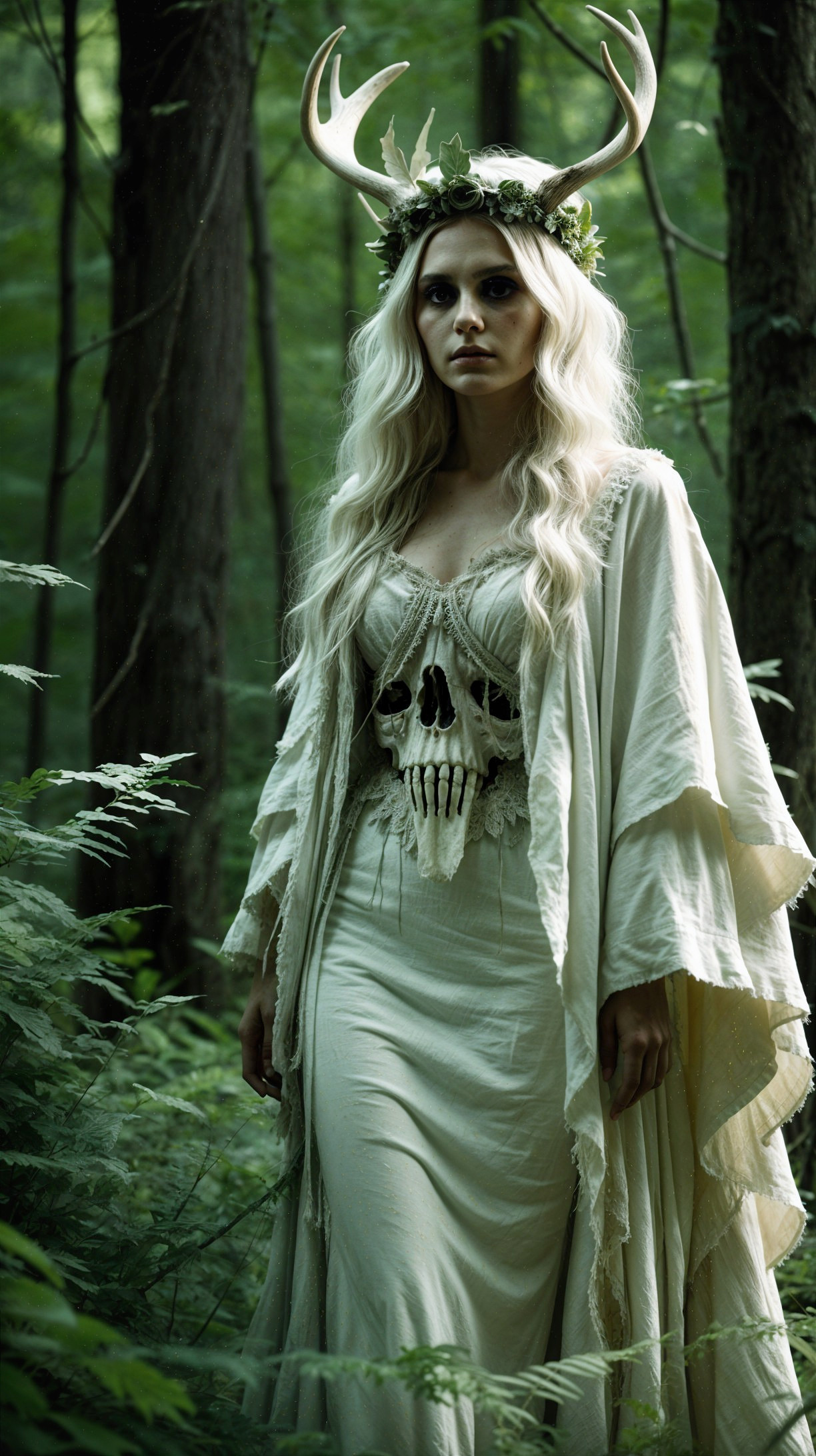 Woman in Antler Crown in Enchanted Forest Setting