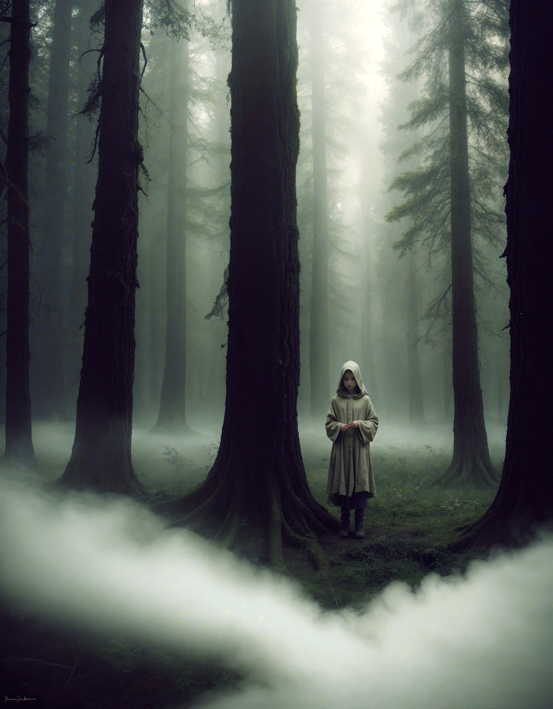 Misty Forest Scene with Cloaked Figure and Fog