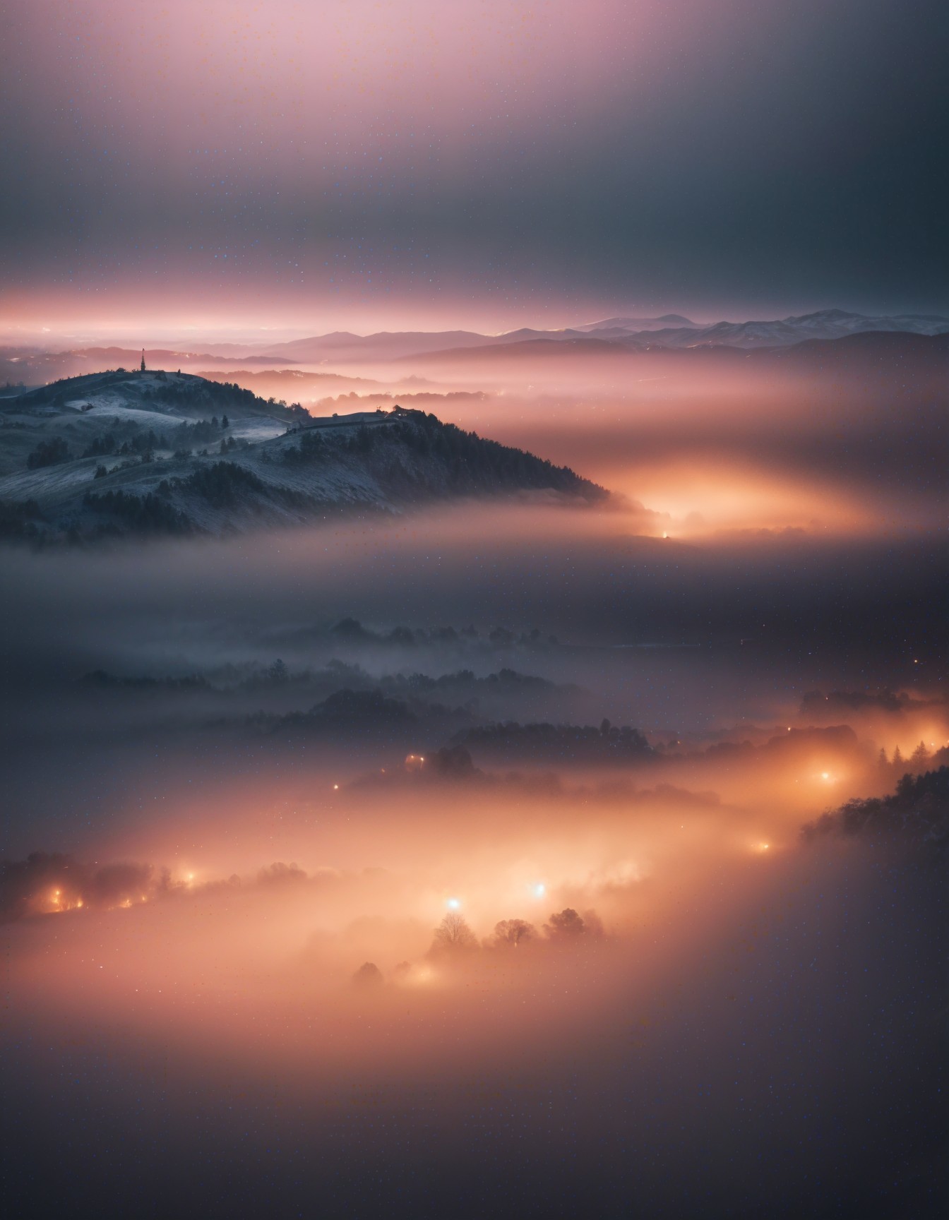 Serene Misty Landscape with Rolling Hills and Twilight Sky