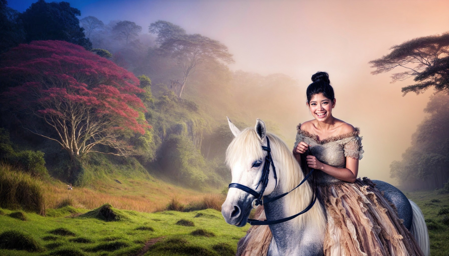 Young Woman in Vintage Dress on White Horse in Nature