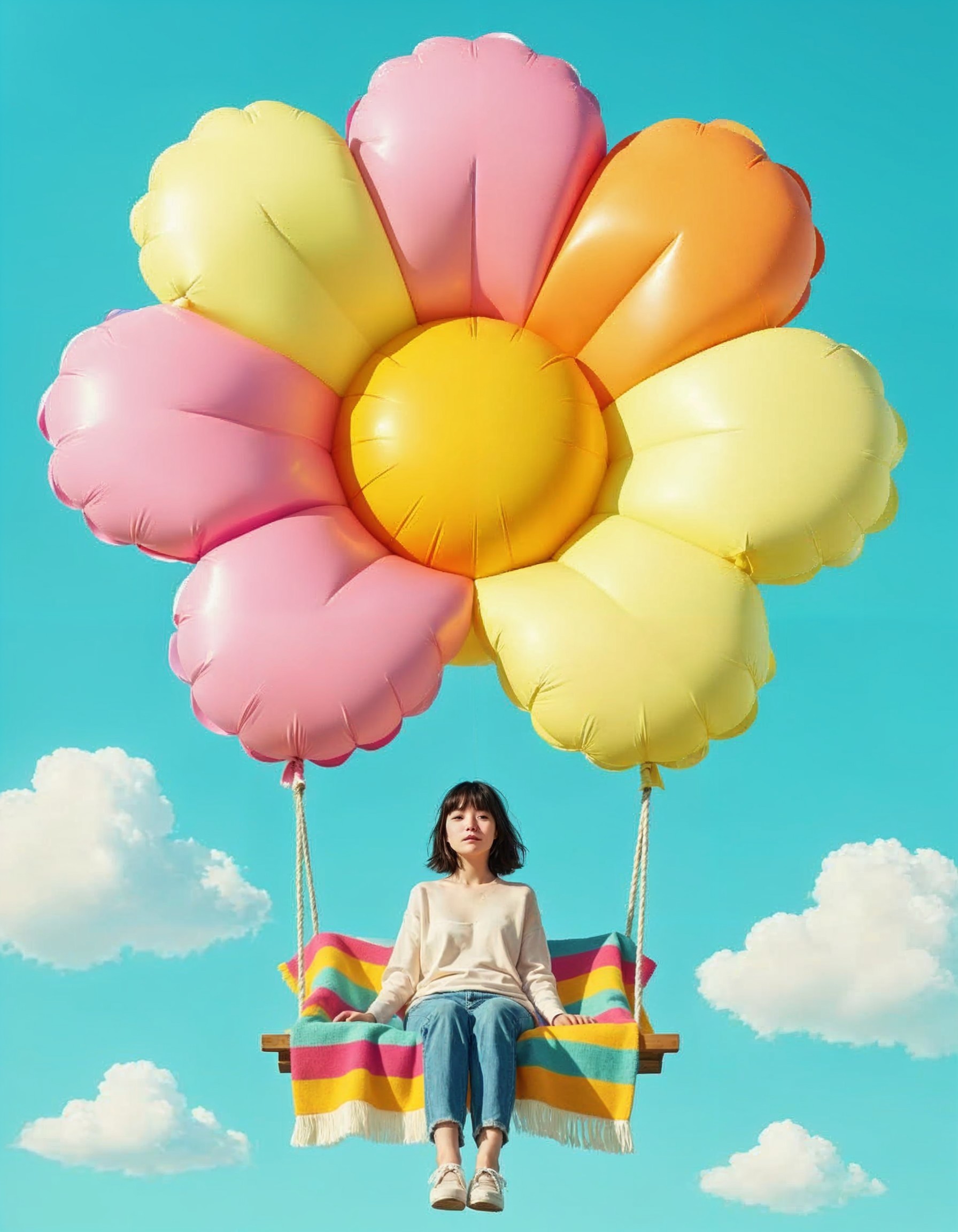 Girl on Swing with Colorful Flower Balloon in Sky