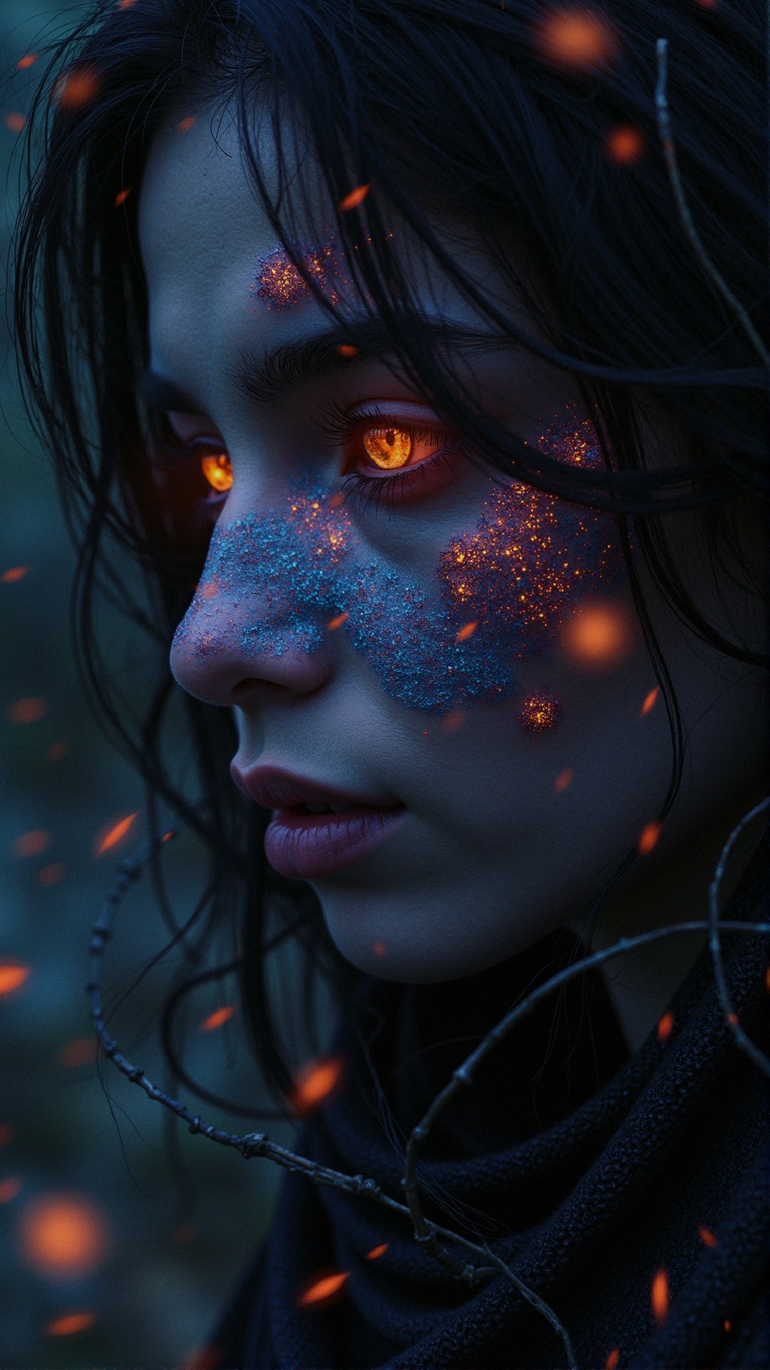 Portrait of a girl with glowing orange eyes and stardust.