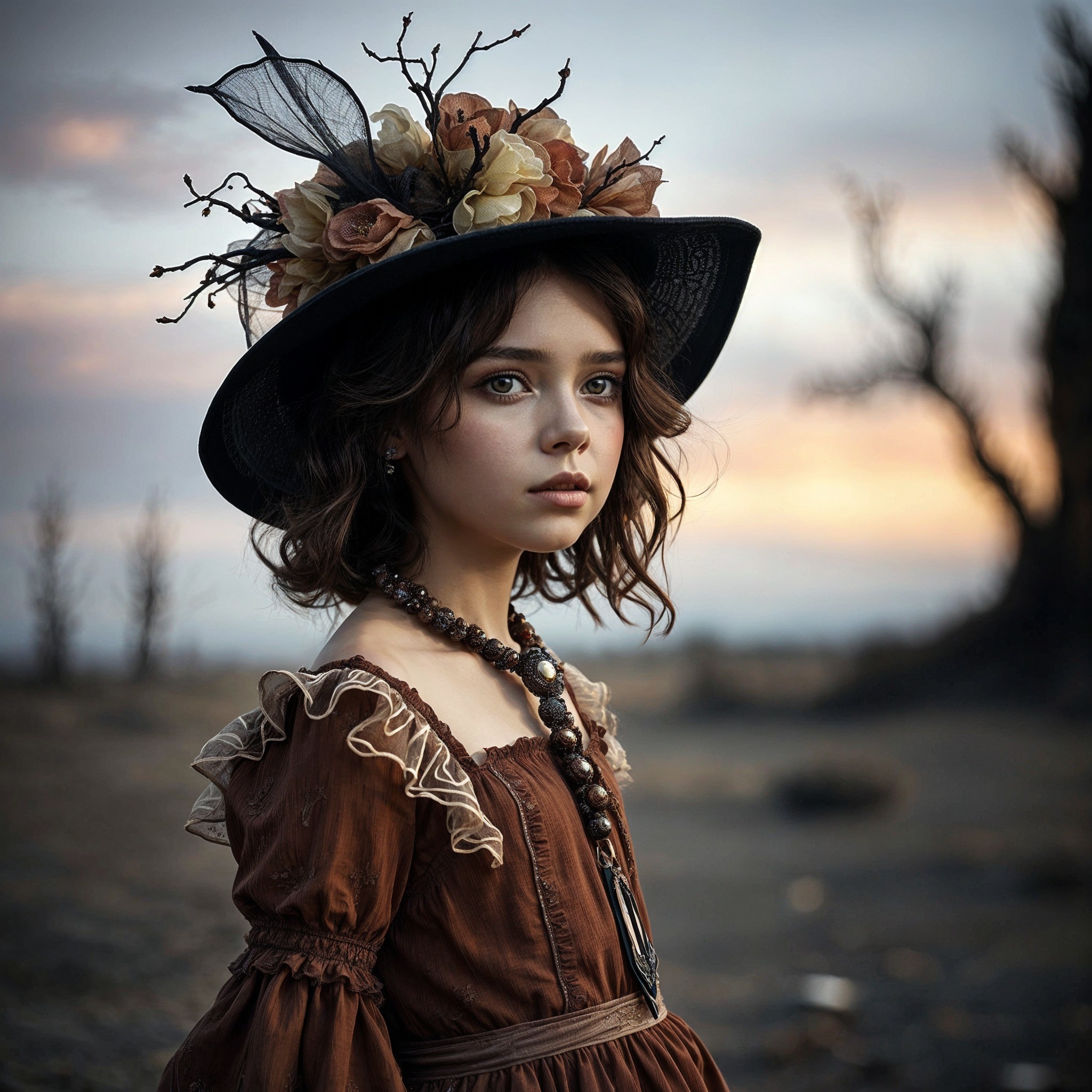 Young girl in vintage dress against dusk sky