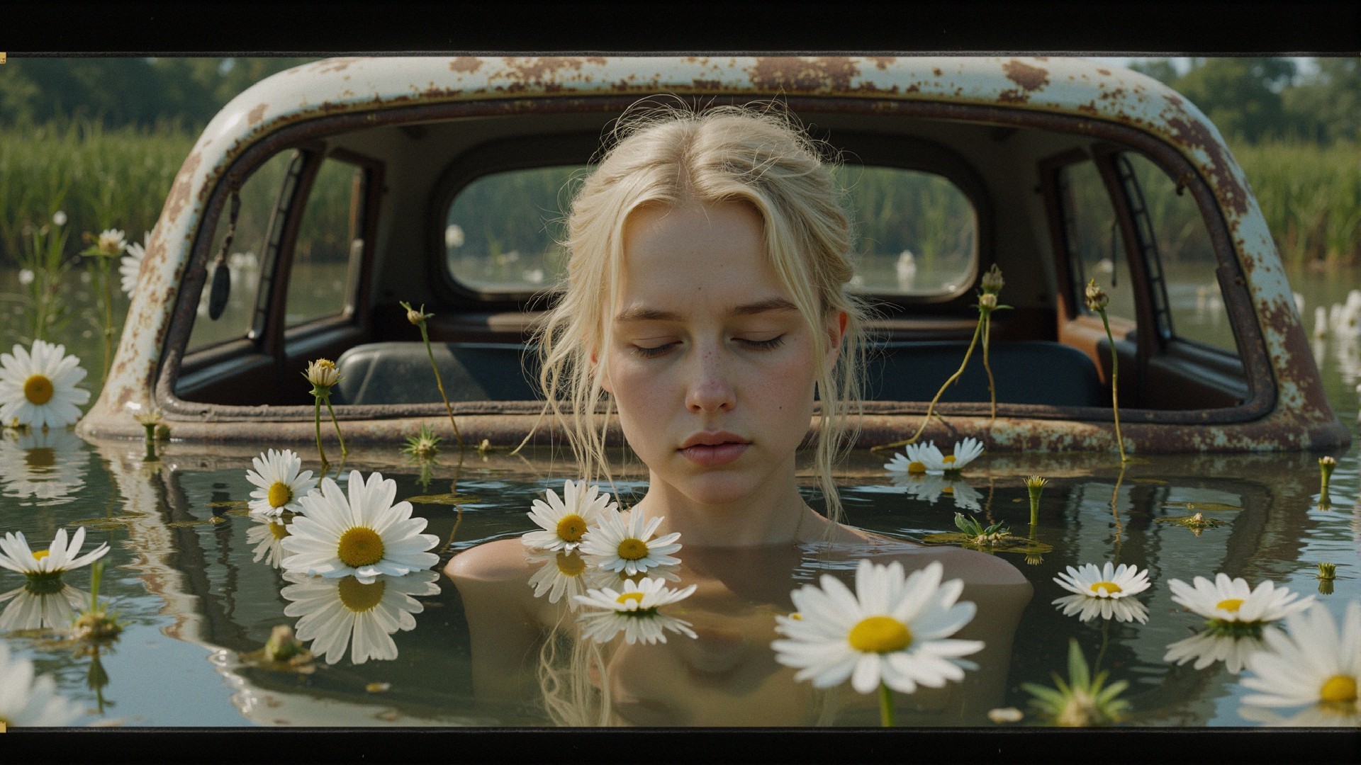 Young Woman in Water Surrounded by Daisies and Greenery