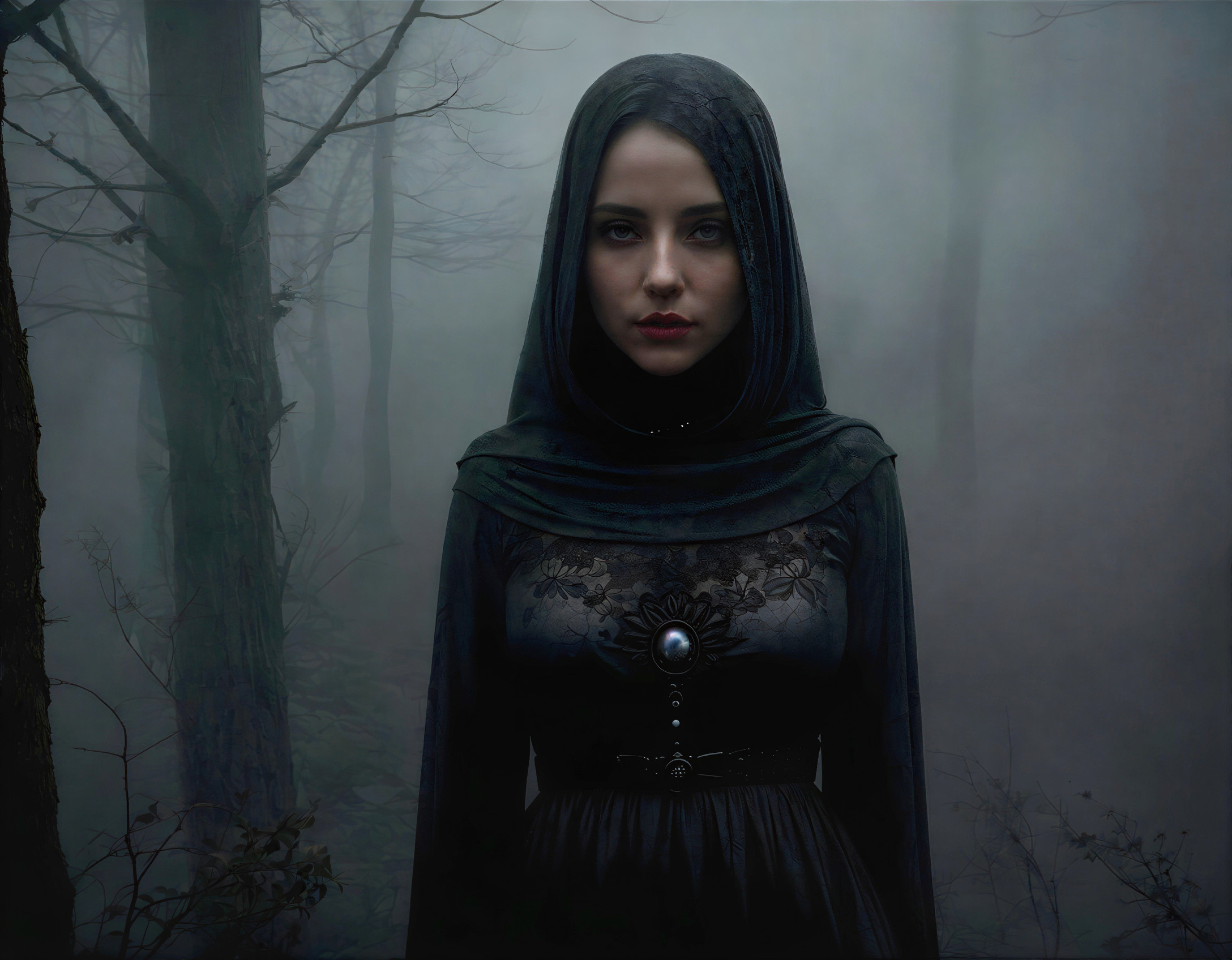 Mysterious Figure in Foggy Forest with Dark Dress