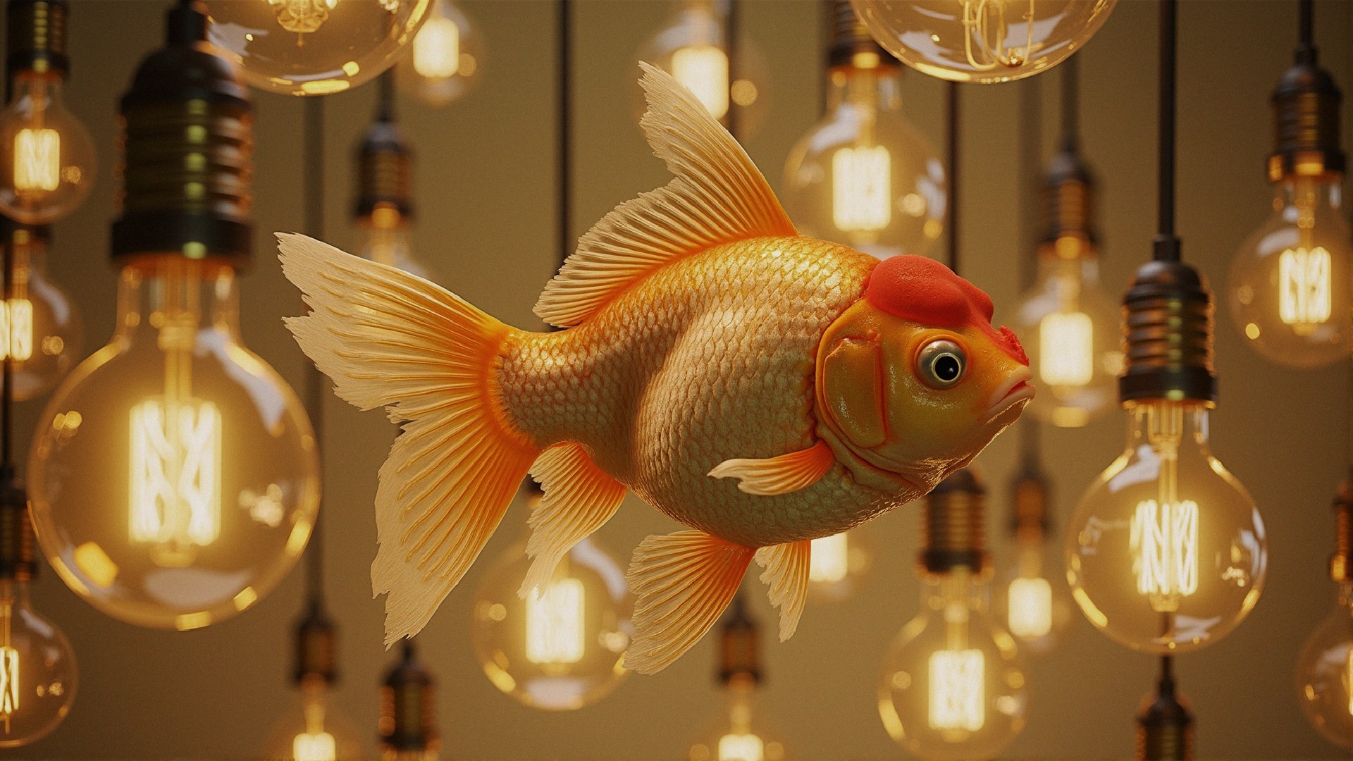 Goldfish with Crown Growth Amid Vintage Light Bulbs