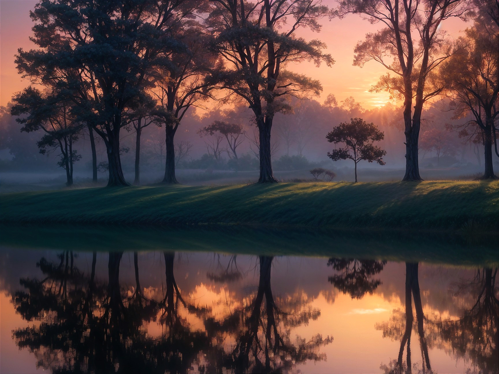 Serene Dawn Landscape with Reflective Lake and Mist