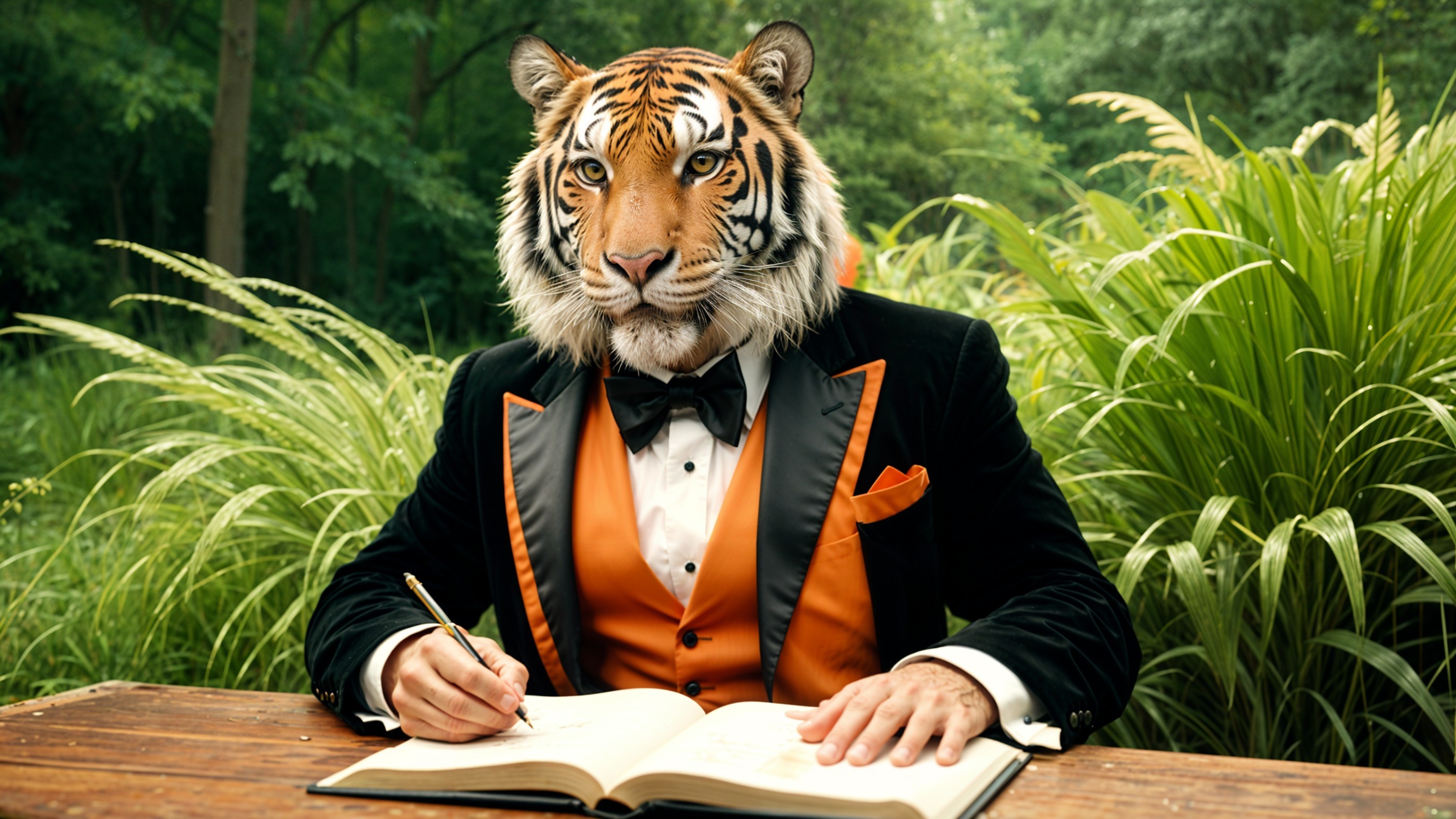 Tiger in Tuxedo Writing in a Book in Nature