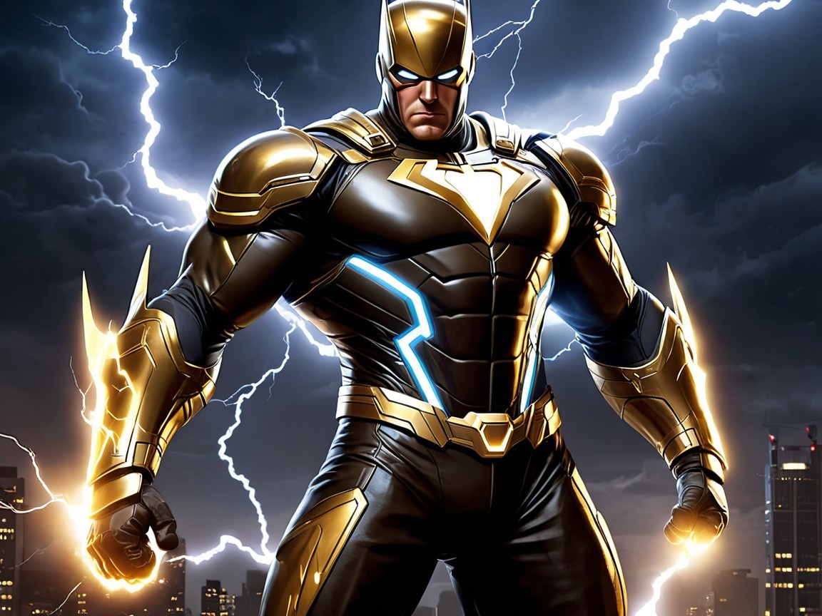 Superhero in Black and Gold Armor Against Stormy Sky