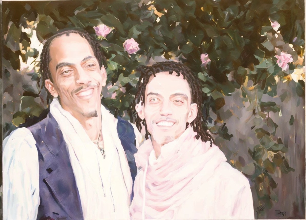 Two Smiling Individuals in Lush Greenery and Roses