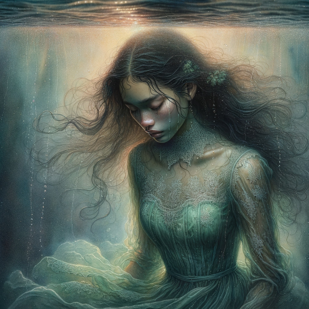 Underwater Scene with Woman in Elegant Dress