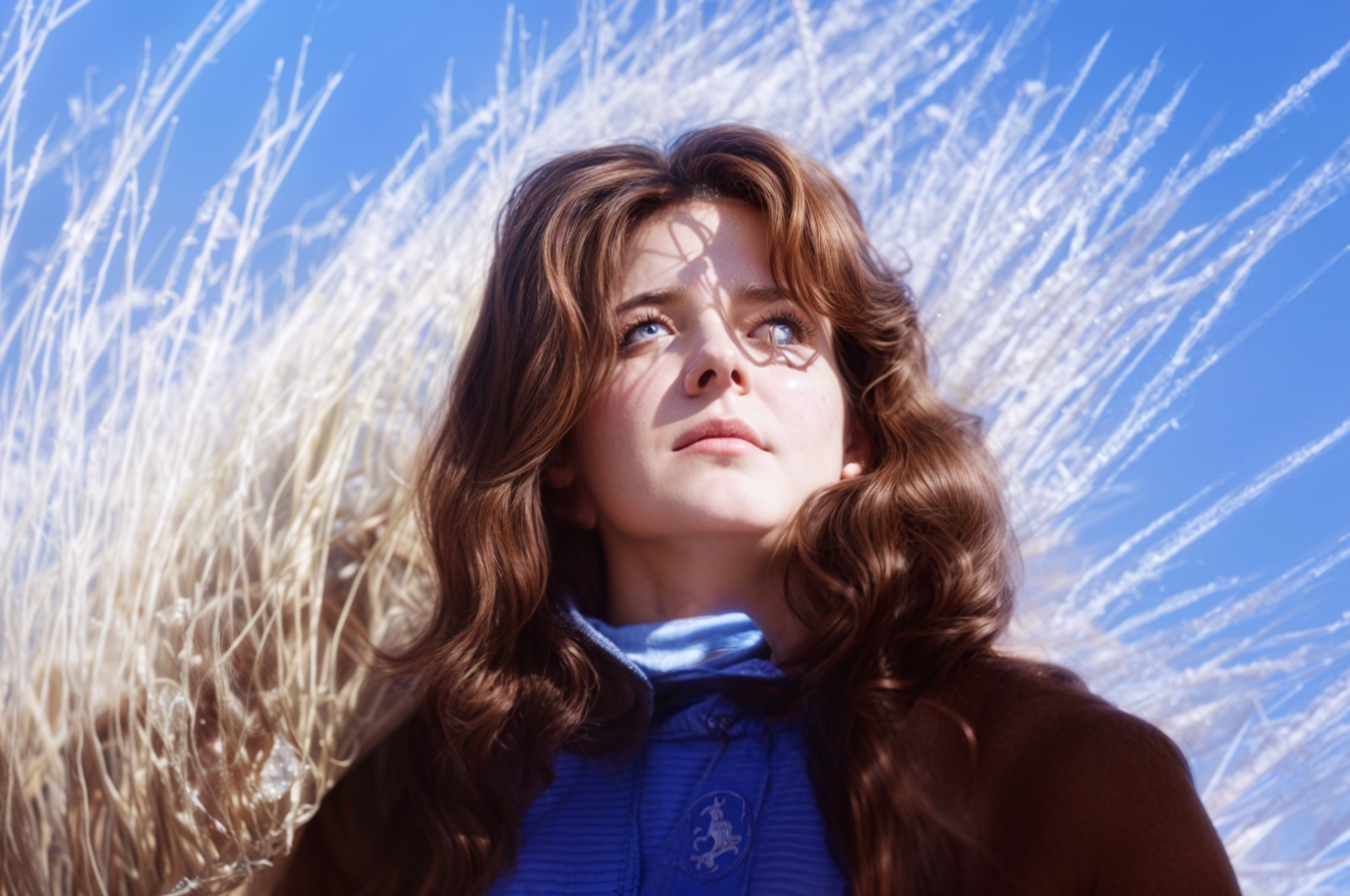 Young Woman in Golden Grass with Blue Sky Background