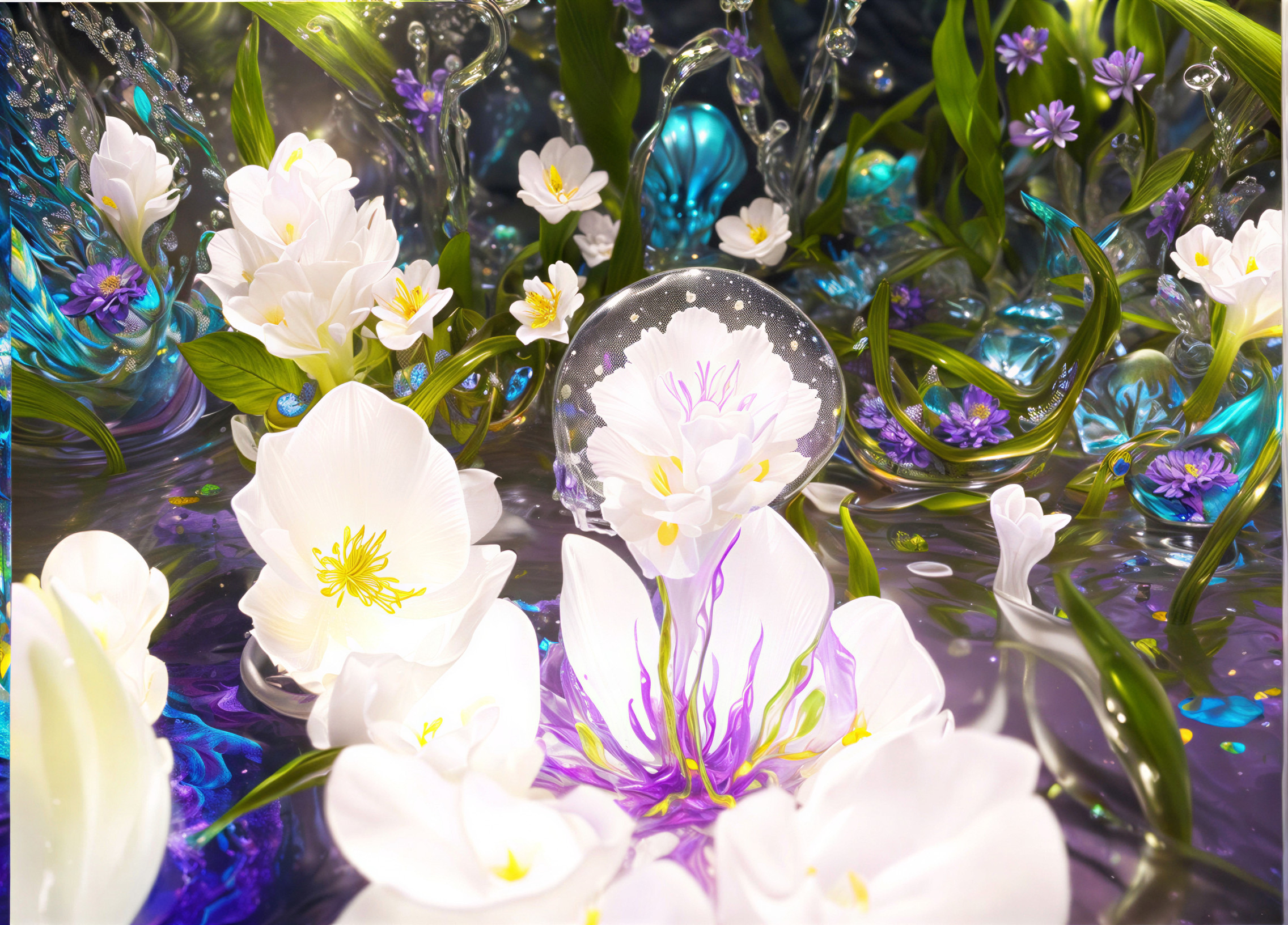 Vibrant Underwater Scene with Flowers and Leaves