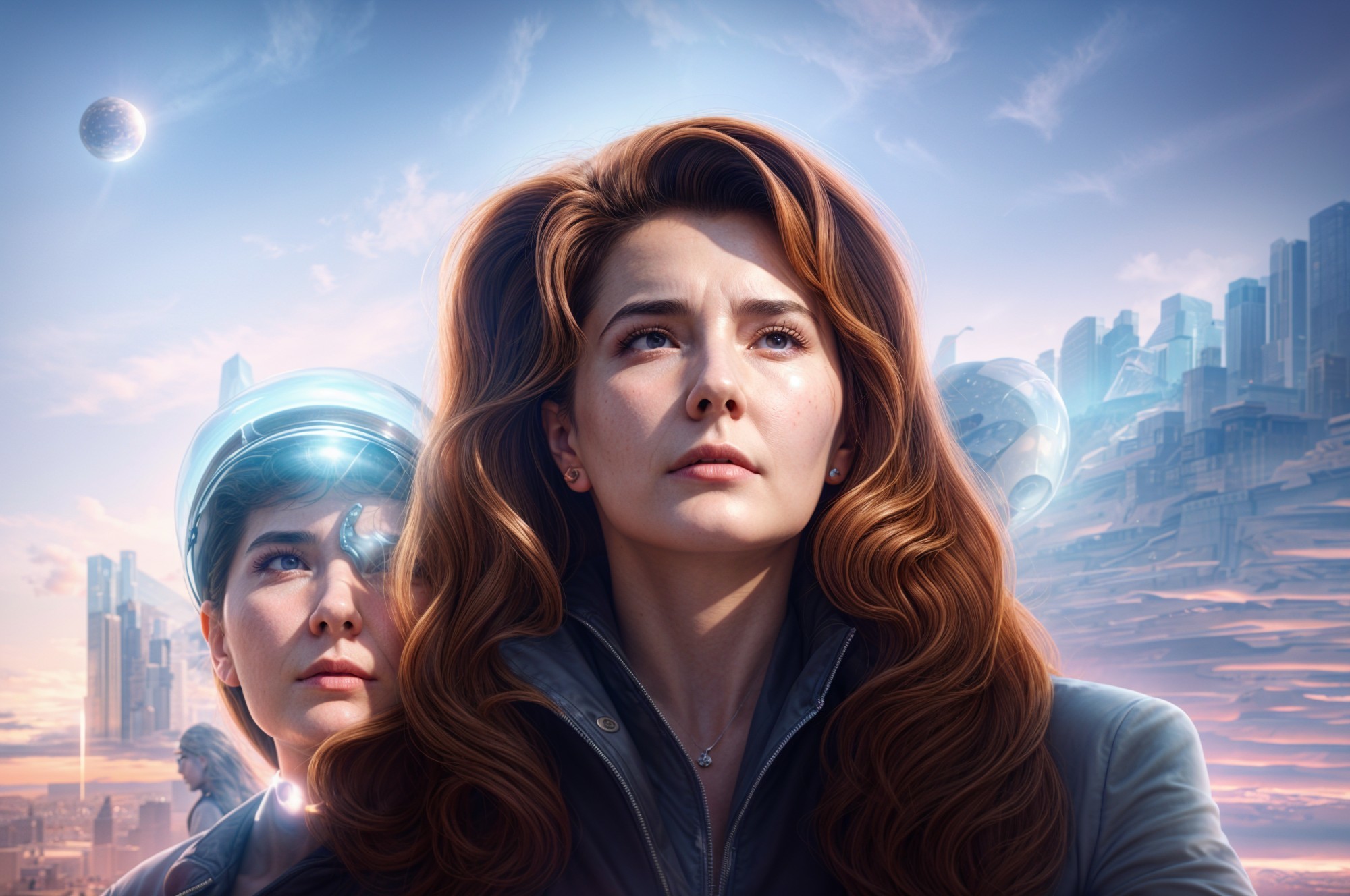 Futuristic Landscape with Women Against City Skyline