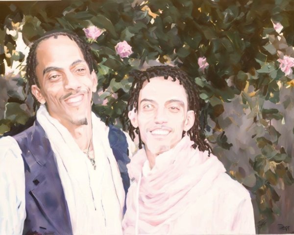 Two Smiling Individuals in Lush Greenery and Roses