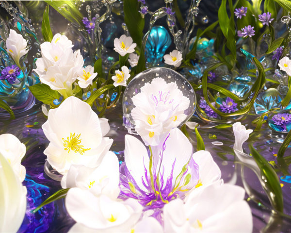 Vibrant Underwater Scene with Flowers and Leaves