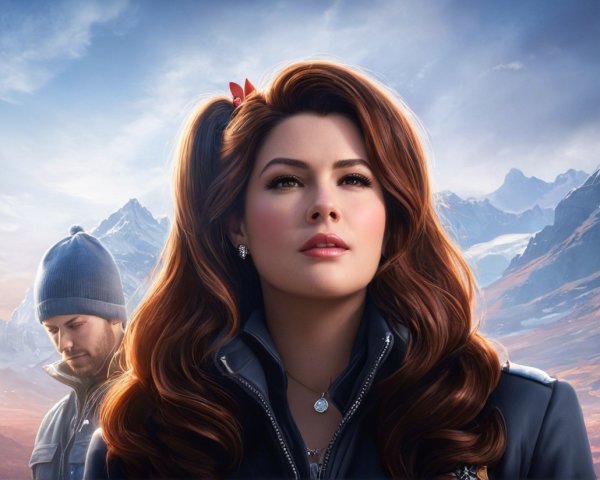 Woman in Stylish Jacket Against Mountainous Backdrop