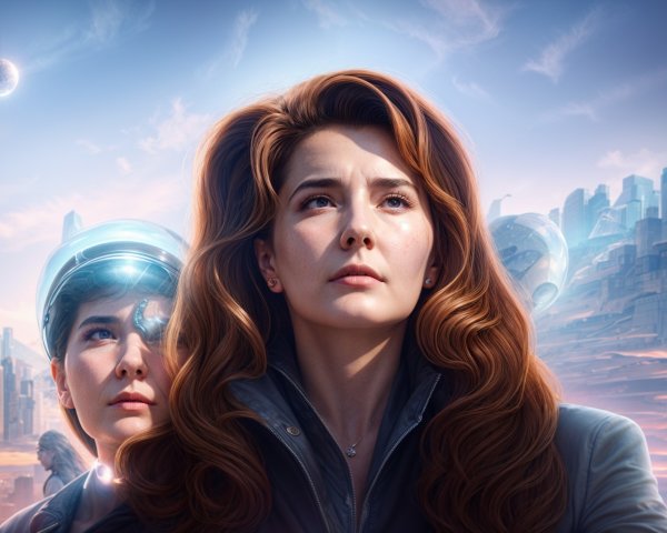 Futuristic Landscape with Women Against City Skyline