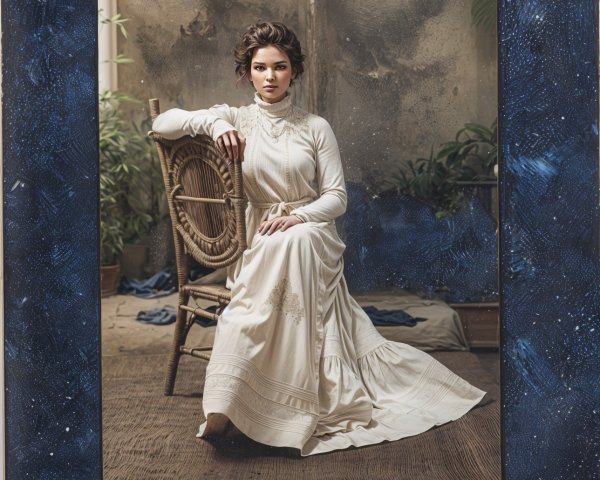 Elegant woman in vintage white gown with plants