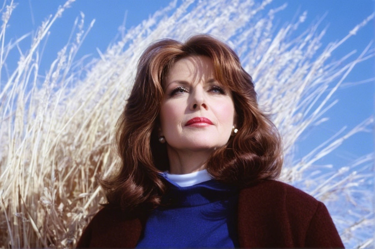 Confident woman in navy attire against golden grass