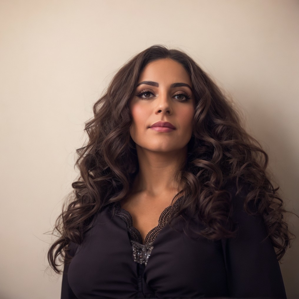 Confident Woman with Curly Hair in Elegant Outfit