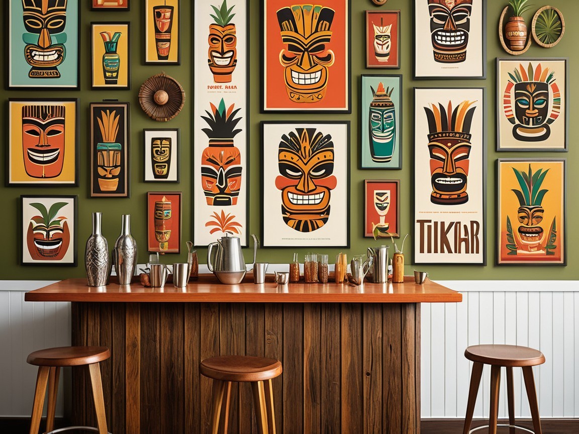 Tiki-Themed Wall with Colorful Masks and Bar Decor