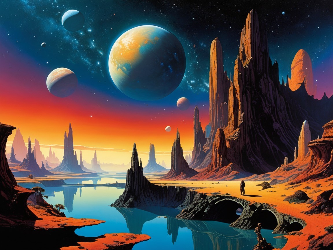 Cosmic Landscape with Alien Rock Formations and Planets