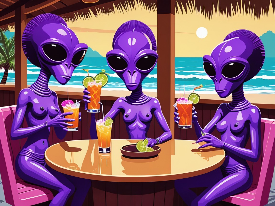 Purple aliens at a beachside table with cocktails