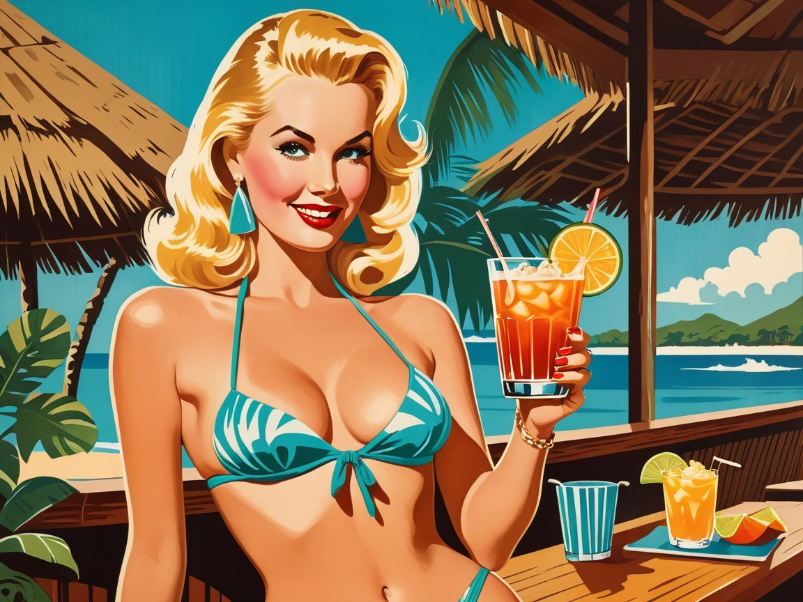 Retro Illustration of Woman at Tropical Bar