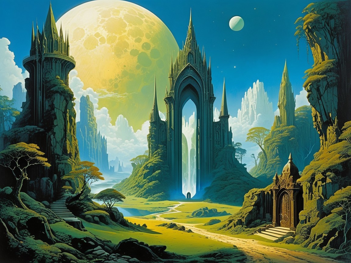 Mystical Landscape with Gothic Spires and Moonlight