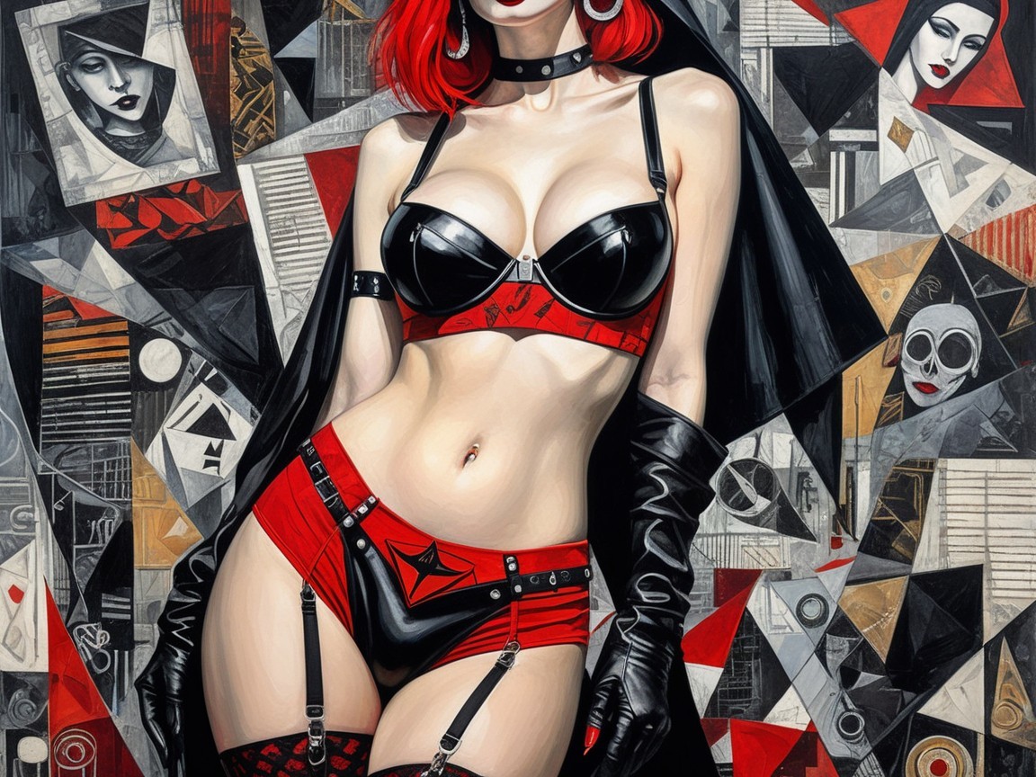 Close-up of a woman in red and black attire with accessories